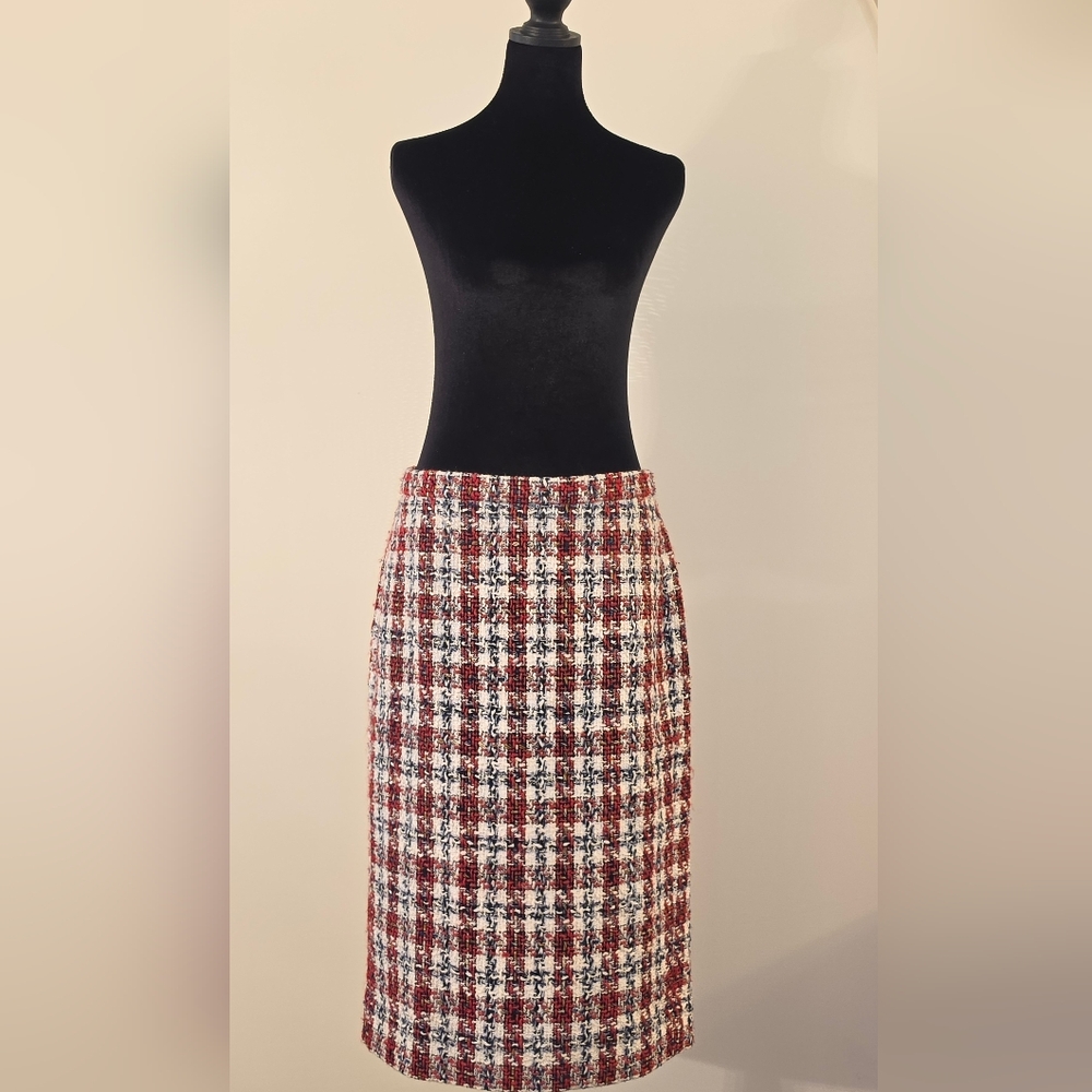 J. Crew Red, Navy and White Plaid Tweed Pencil Skirt